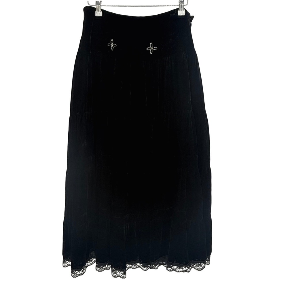 Autograph‎ NY Black Velvet Tiered Lace Trim Midi Skirt Size 8 Whimsygoth Witchy